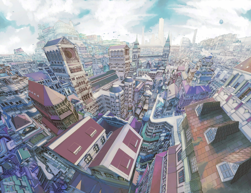 aircraft city cityscape clouds cloudy_sky day fisheye highres no_humans original outdoors scenery science_fiction sky tea_sly tower