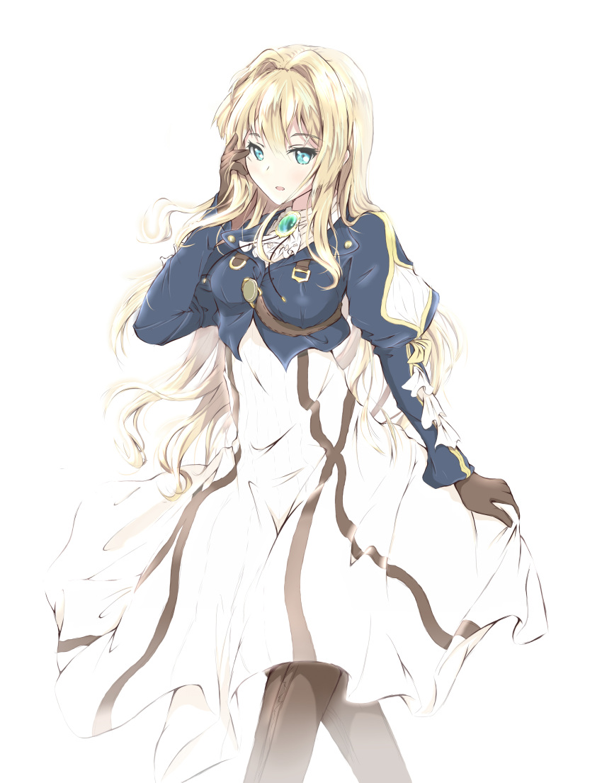 1girl absurdres black_gloves blonde_hair blue_eyes boots breasts brown_footwear dress eyebrows_visible_through_hair gloves hair_between_eyes hand_in_hair highres kwanchung_ho long_hair medium_breasts open_mouth simple_background sketch skirt_hold solo standing thigh-highs thigh_boots violet_evergarden violet_evergarden_(character) white_background white_dress white_neckwear