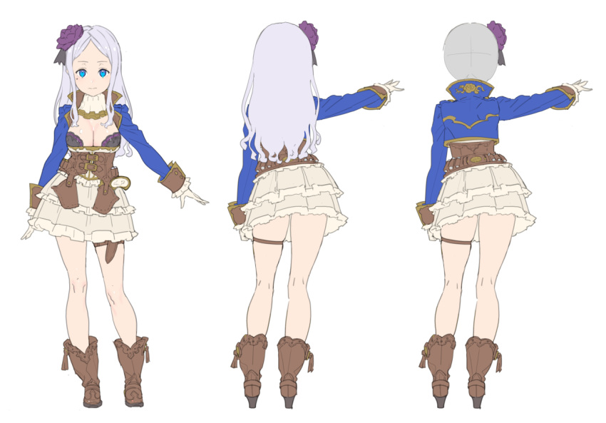 1girl bangs blue_eyes boots breasts brown_footwear closed_mouth commentary_request contemporary contrapposto flower from_behind gloves grey_hair hair_flower hair_ornament high_heel_boots high_heels holster layered_skirt legband long_hair long_sleeves looking_at_viewer medium_breasts multiple_views nagisa_kurousagi original parted_bangs purple_flower purple_rose rose simple_background skirt standing white_background white_gloves