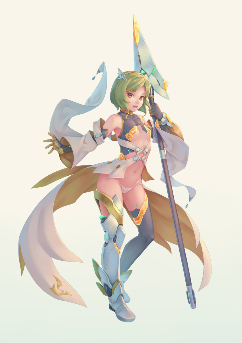 1girl :d bigrbear black_legwear boots breasts brown_eyes contrapposto gloves green_hair highres holding holding_weapon looking_at_viewer mecha_musume open_mouth original polearm short_hair simple_background skirt small_breasts smile solo spear thigh-highs waist_cape weapon white_skirt yellow_background