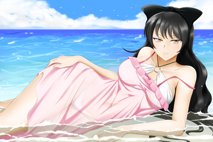 1girl absurdres alfred_cullado bikini bird black_hair blake_belladonna blue_sky breasts clouds day hand_on_hip highres huge_filesize long_hair medium_breasts o-ring o-ring_bikini ocean paid_reward partially_submerged patreon_reward rwby see-through sky solo strap_slip swimsuit water white_bikini yellow_eyes