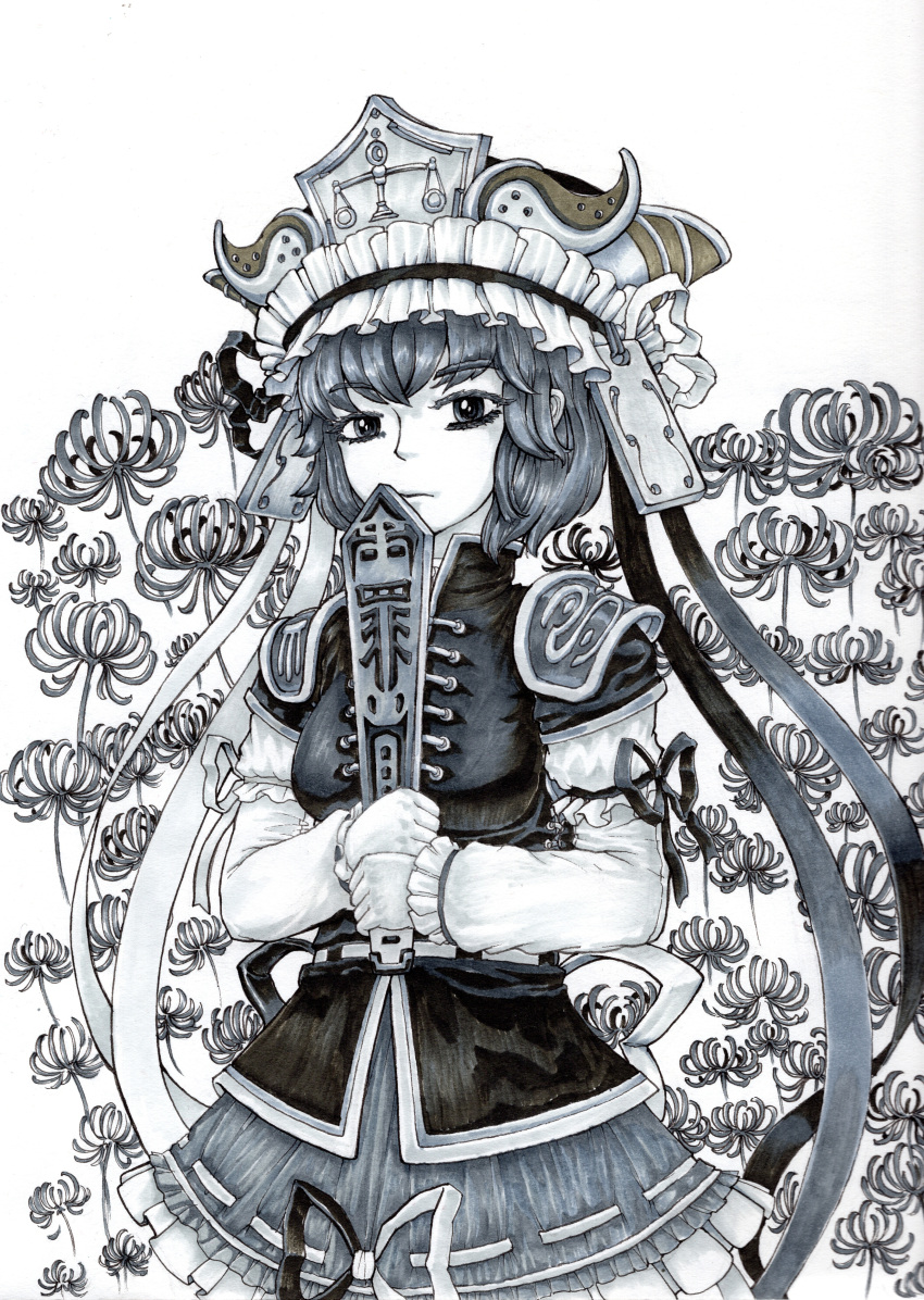 1girl absurdres arm_garter bangs breasts buckle closed_mouth commentary_request cowboy_shot emblem eyebrows_visible_through_hair eyelashes facing_viewer flower frilled_skirt frilled_sleeves frills greyscale hat hat_ribbon high_collar highres holding hupose_deheluo large_breasts long_sleeves monochrome nose ribbon ribbon-trimmed_skirt ribbon_trim rod_of_remorse scales shiki_eiki shirt short_hair skirt solo spaulders spider_lily standing touhou traditional_media vest weighing_scale
