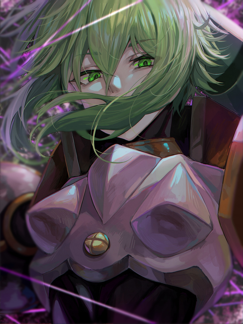 1girl absurdres armor doll_joints duel_monster el_shaddoll_winda eyebrows_visible_through_hair floating_hair green_eyes green_hair highres joints long_hair looking_down milmir puppet_strings solo string upper_body yu-gi-oh!