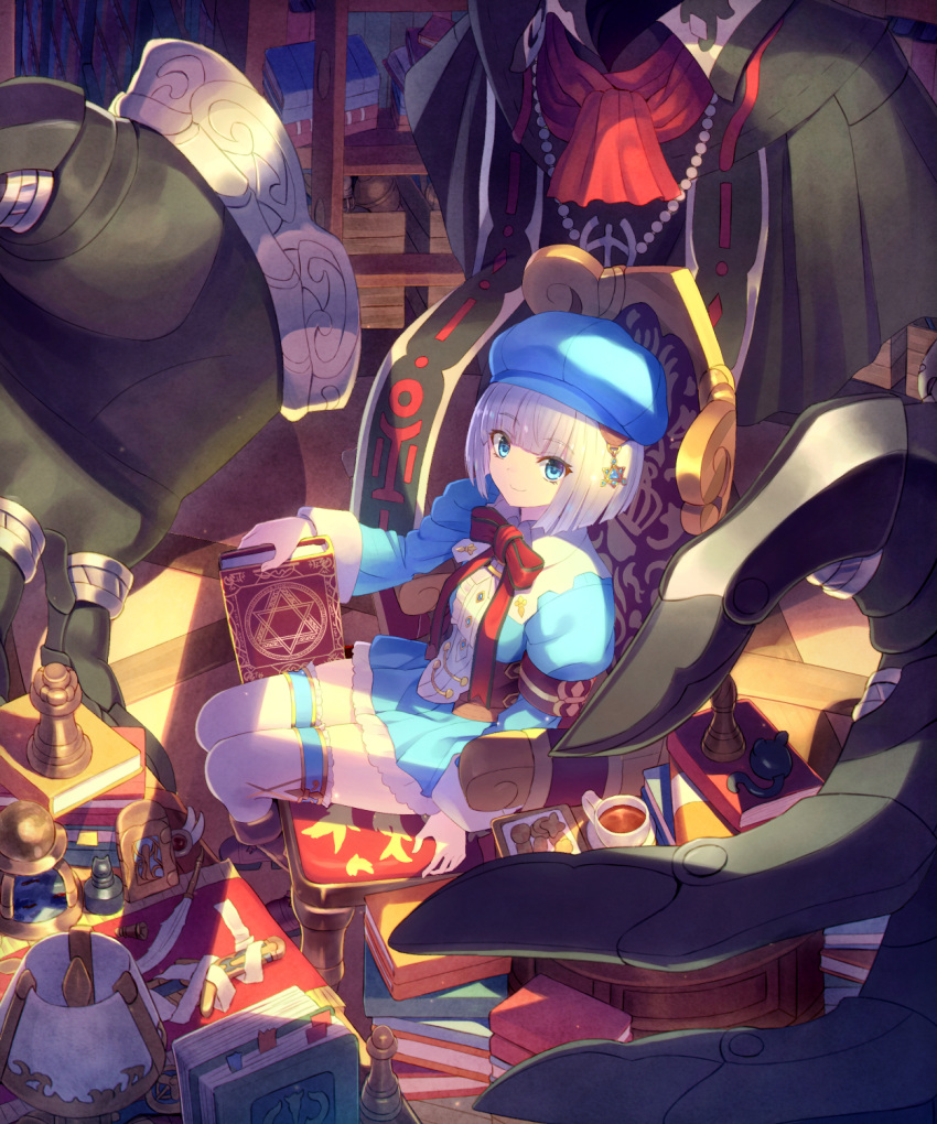 1girl armband armchair bangs black_capelet blue_dress blue_eyes blue_hat blunt_bangs bob_cut book boots brown_footwear cabbie_hat capelet chair closed_mouth commentary_request disembodied_limb dress hair_ornament hat hexagram highres holding holding_book indoors juliet_sleeves kaina_(tsubasakuronikuru) lampshade long_sleeves original pleated_dress puffy_sleeves red_scarf scarf short_hair silver_hair sitting smile solo star tying_hair white_legwear wide_sleeves