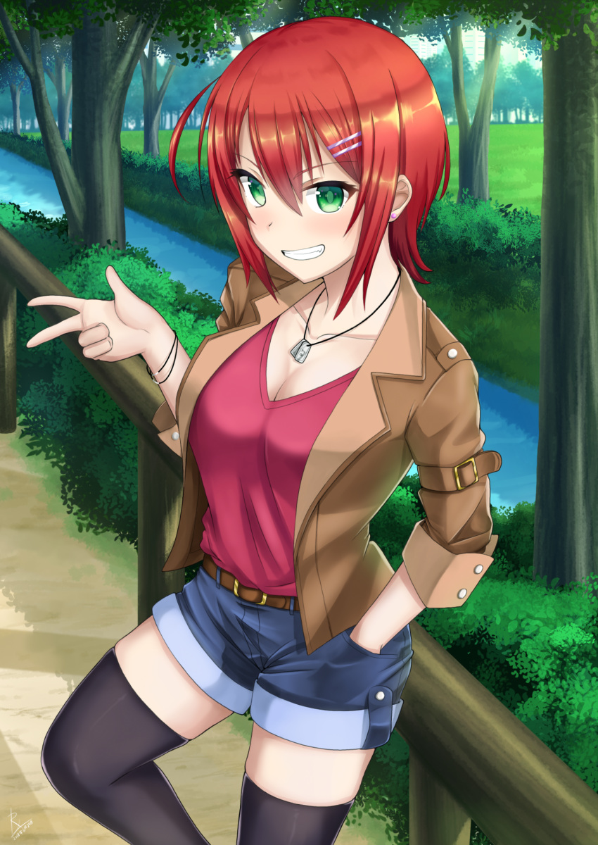 1girl belt black_legwear blue_shorts blush bracelet breasts brown_jacket cleavage collarbone day denim denim_shorts eyebrows_visible_through_hair green_eyes grin hair_between_eyes hair_ornament hairclip hand_in_pocket highres jacket jewelry medium_breasts necklace open_clothes open_jacket original outdoors red_shirt redhead rj_xiii shiny shiny_hair shirt short_hair short_shorts shorts smile solo standing thigh-highs tree w zettai_ryouiki