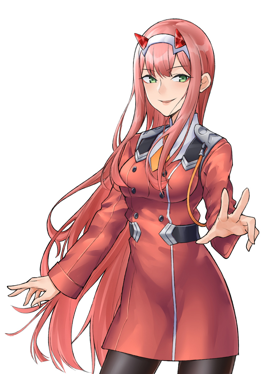 1girl absurdres bao_(luffy6611) black_legwear breasts commentary darling_in_the_franxx eyebrows_visible_through_hair green_eyes hair_between_eyes hairband highres horns long_hair orange_neckwear pantyhose pilot_suit pink_hair simple_background smile solo uniform white_hairband zero_two_(darling_in_the_franxx)