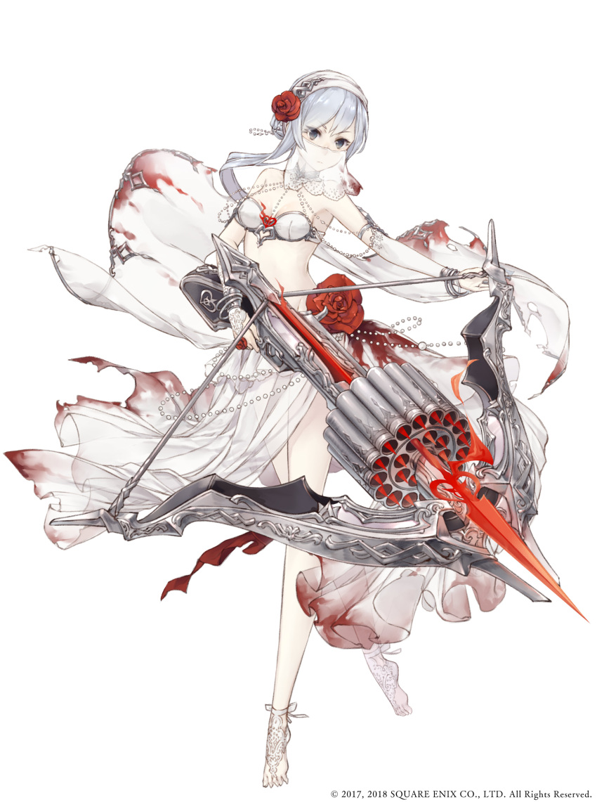 1girl absurdres barefoot blood bloody_clothes bow_(weapon) bra breasts cleavage crossbow floating_hair flower full_body grey_eyes hair_flower hair_ornament highres holding holding_weapon long_hair looking_at_viewer midriff red_flower see-through sidelocks silver_hair simple_background sinoalice skirt small_breasts solo torn_clothes underwear veil weapon white_background white_bra white_skirt
