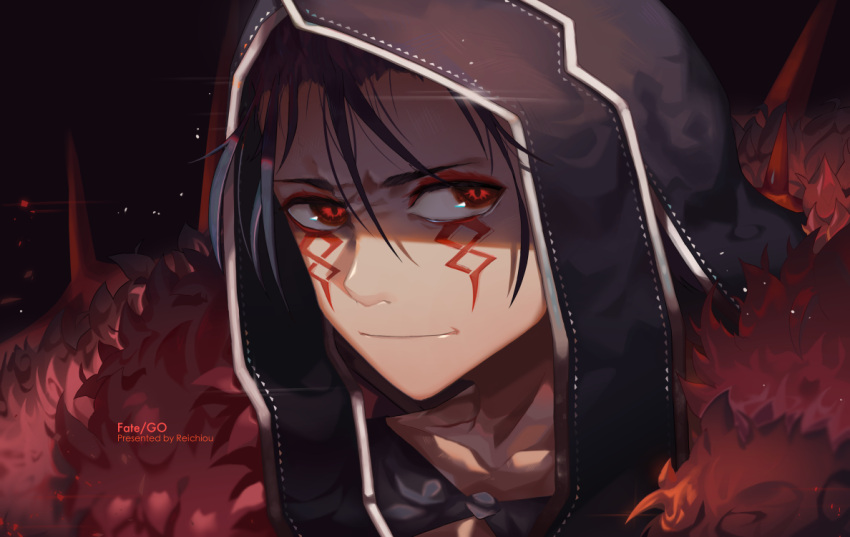 1boy artist_name black_background black_hair closed_mouth copyright_name cu_chulainn_alter_(fate/grand_order) face facepaint fate/grand_order fate_(series) fur_trim hood lancer looking_at_viewer male_focus red_eyes reichiou shaded_face solo