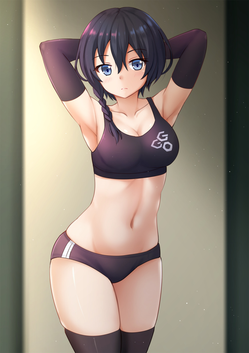 1girl armpits arms_up bike_shorts black_gloves black_hair black_legwear black_sports_bra blue_eyes blush braid breasts cleavage collarbone commentary_request cowboy_shot elbow_gloves eyebrows_visible_through_hair gloves hair_between_eyes highres kazenokaze kohiruimaki_karen large_breasts light_particles looking_at_viewer midriff navel short_hair single_braid solo sports_bra standing stomach sword_art_online thigh-highs