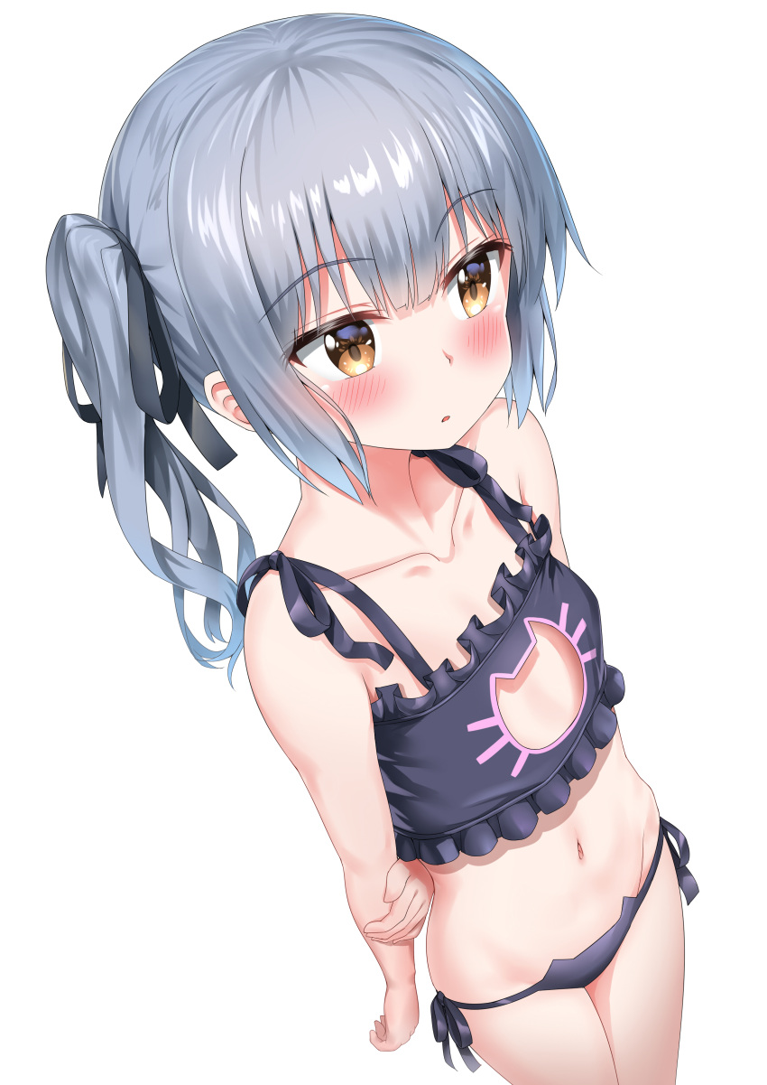 1girl absurdres black_bra black_panties blush bra cat_cutout cat_lingerie cleavage_cutout commentary_request eyebrows_visible_through_hair frilled_bra frills grey_hair highres kantai_collection kasumi_(kantai_collection) long_hair meme_attire navel nedia_(nedia_region) panties ribbon short_sleeves side-tie_panties side_ponytail simple_background solo standing underwear underwear_only white_background