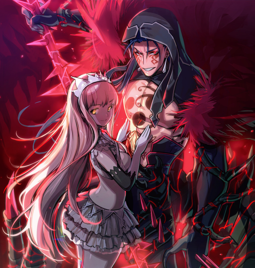 1boy 1girl armor bare_chest blue_hair cowboy_shot cu_chulainn_alter_(fate/grand_order) earrings fate/grand_order fate_(series) frills fur_trim gae_bolg gloves grin height_difference highres holding holding_spear holding_weapon hood jewelry lancer long_hair looking_at_viewer medb_(fate/grand_order) pink_hair polearm red_eyes skirt smile spear spikes tail tattoo weapon white_gloves white_skirt yellow_eyes yurizuka_(sergeant_heart)