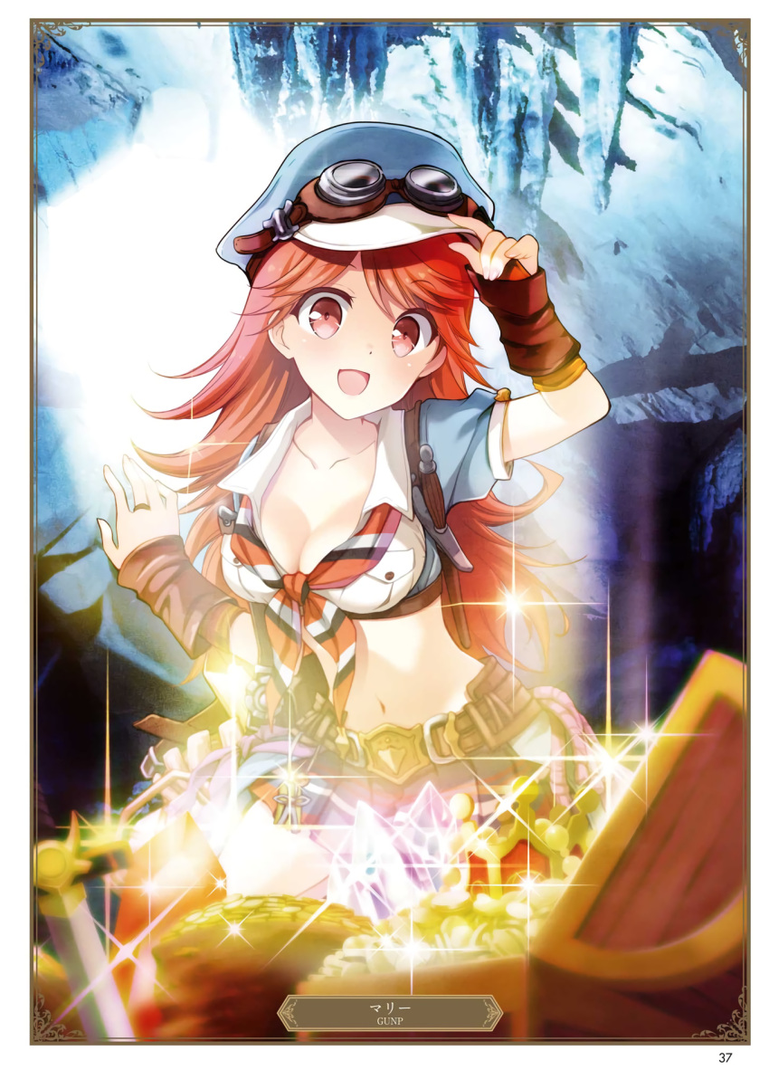 1girl :d artist_name belt bound breasts brown_eyes card_(medium) character_name cleavage collarbone eyebrows_visible_through_hair goggles goggles_on_head granblue_fantasy gunp hat highres long_hair mary_(granblue_fantasy) medium_breasts midriff navel open_mouth orange_hair page_number short_sleeves smile solo sparkle standing stomach tied_up very_long_hair white_hat