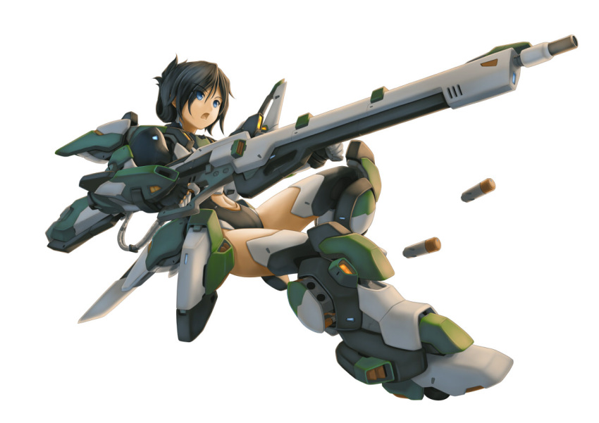 1girl armor bigrbear black_hair black_legwear blue_eyes boots eyebrows_visible_through_hair eyes_visible_through_hair gloves grey_legwear gun holding holding_gun holding_weapon jet_engine jumping leotard machinery mecha_musume missile navel navel_cutout open_mouth original rifle simple_background solo thigh-highs thigh_boots tied_hair two-handed weapon white_background