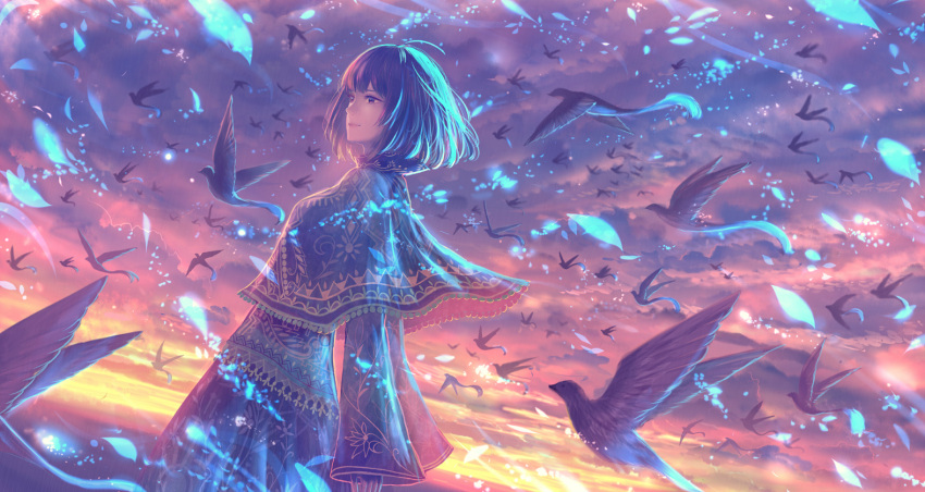 1girl ahoge bird capelet closed_mouth clouds cloudy_sky commentary_request day dove dress dutch_angle from_side long_sleeves magic original overcast sakimori_(hououbds) scenery sky sleeves_past_wrists smile solo sunset
