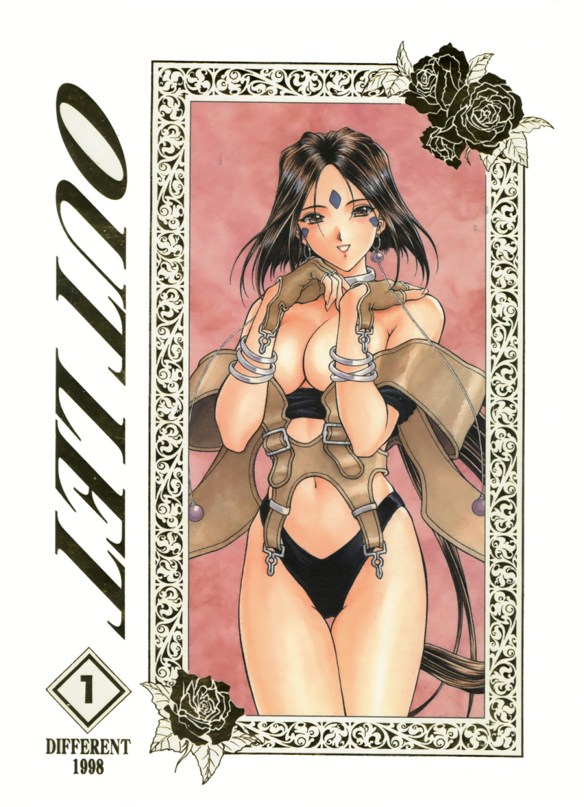 1girl aa_megami-sama bangle bikini_bottom bikini_top black_hair bracelet breasts brown_eyes choker cover cover_page doujin_cover earrings facial_mark fingerless_gloves forehead_mark gloves highres jewelry leather leather_gloves long_hair looking_at_viewer medium_breasts peorth ponytail solo