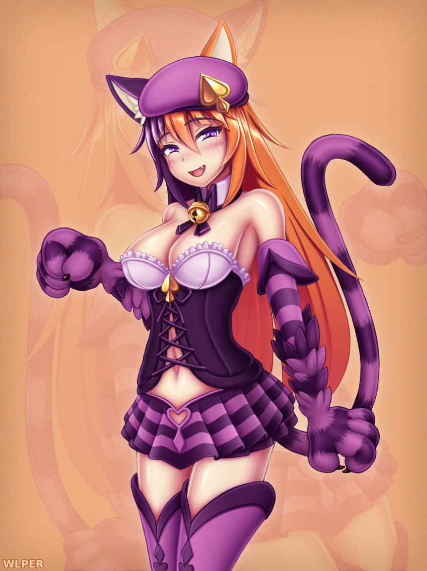 1girl :d absurdres animal_ears artist_name bare_shoulders bell beret blush breasts cat_ears cat_tail cheshire_cat_(monster_girl_encyclopedia) claws detached_collar detached_sleeves eyebrows_visible_through_hair fang hair_between_eyes hat highres huge_filesize jingle_bell long_hair looking_at_viewer medium_breasts monster_girl_encyclopedia multicolored_hair navel open_mouth orange_hair paws pleated_skirt purple_hair skirt smile solo striped striped_skirt striped_tail tail two-tone_hair very_long_hair violet_eyes wlper zoom_layer