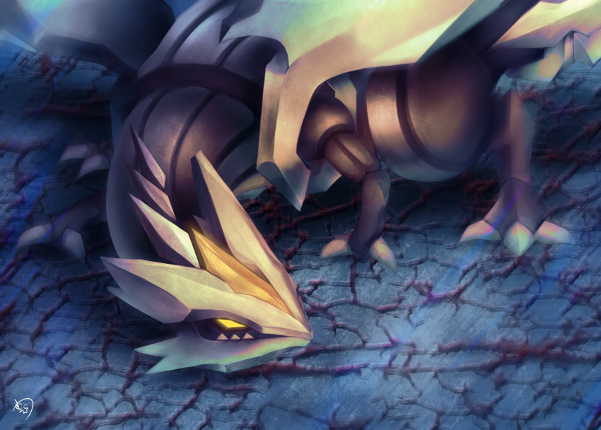 blurry cracked_floor from_above gen_5_pokemon glowing glowing_eyes kyurem looking_away looking_to_the_side muuran no_humans pokemon pokemon_(creature) signature solo yellow_eyes