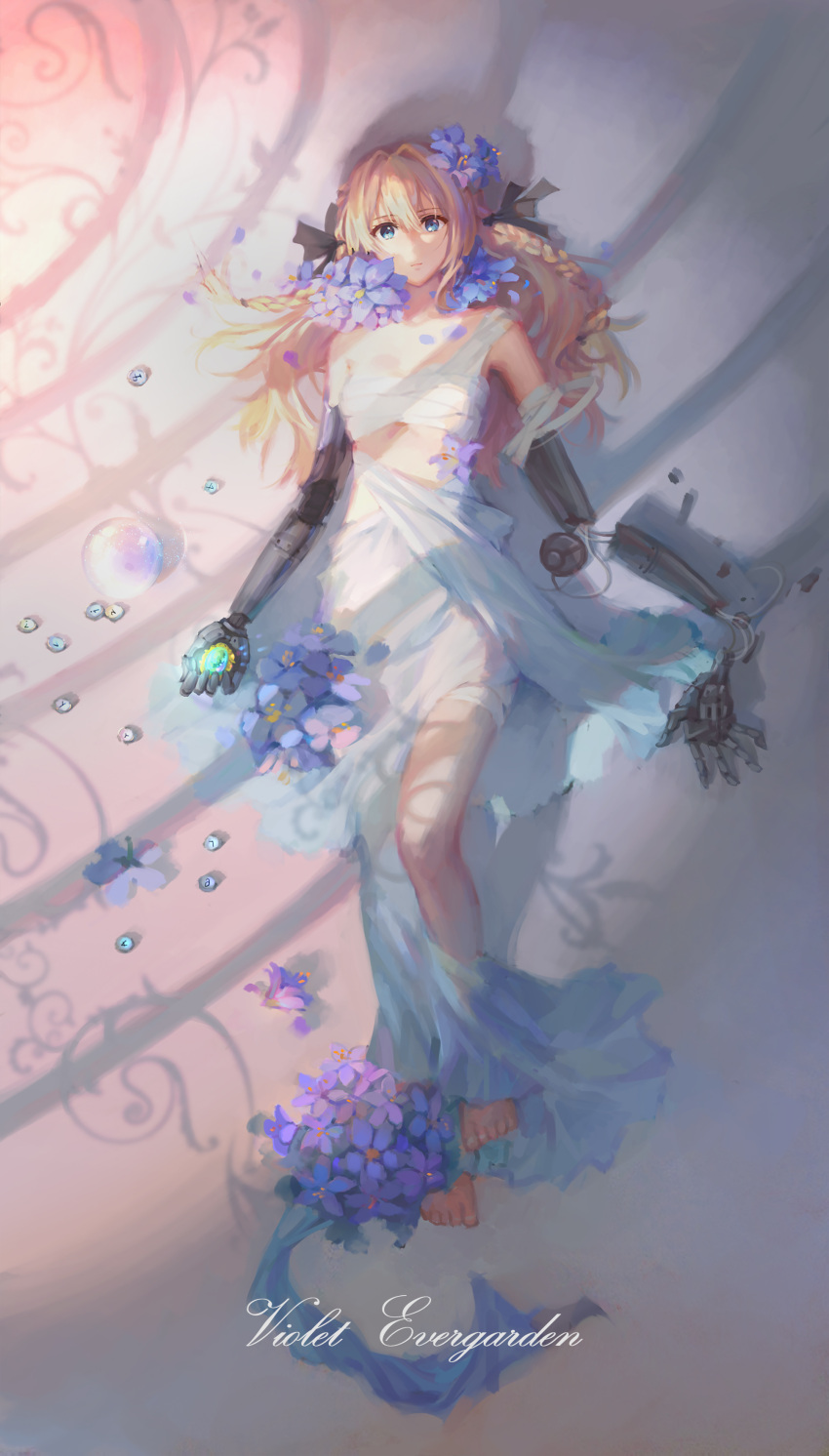 1girl absurdres bandage barefoot bed_sheet blonde_hair blue_eyes breasts broken character_name cleavage collarbone copyright_name e=mc2_(qq53712033) eyebrows_visible_through_hair flower from_above full_body hair_between_eyes hair_flower hair_ornament highres long_hair long_skirt lying mechanical_arm medium_breasts on_back purple_flower shadow skirt solo violet_evergarden violet_evergarden_(character) white_skirt