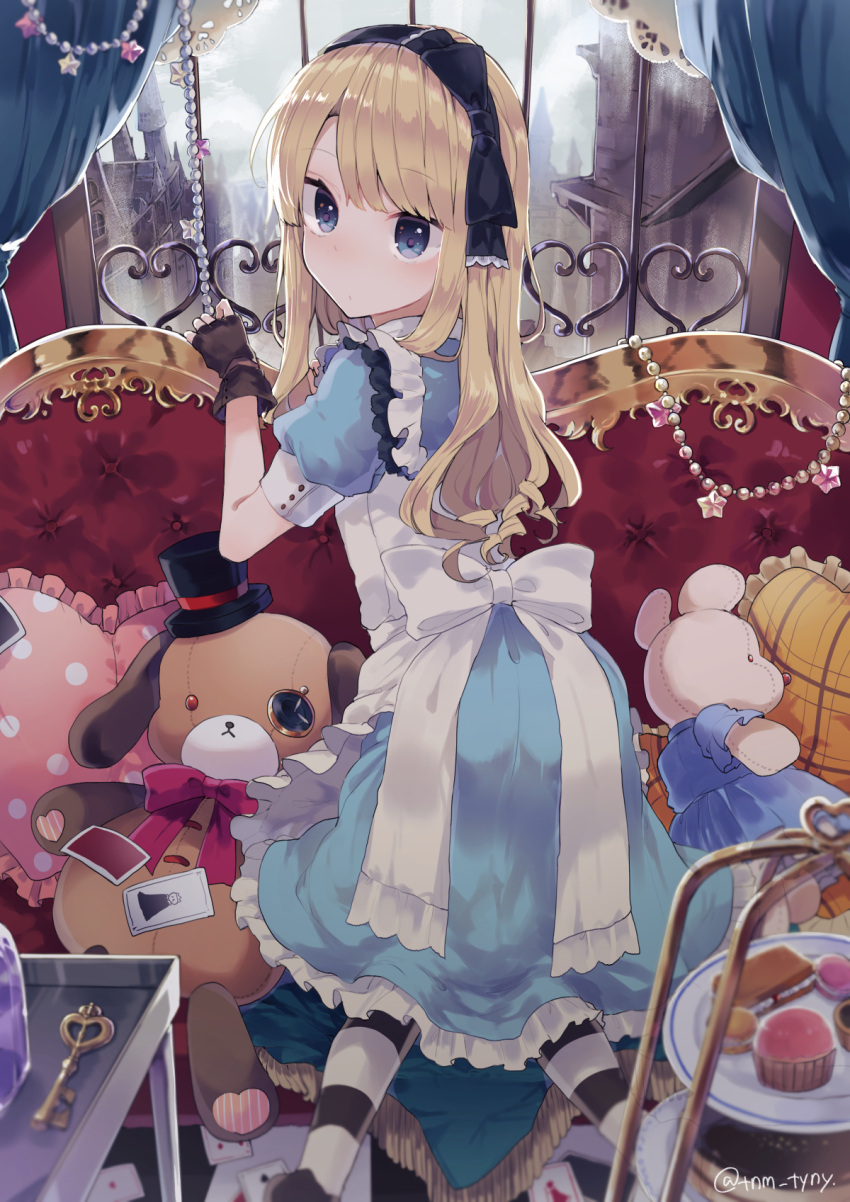 1girl alice_(wonderland) alice_in_wonderland apron ass bangs black_bow black_gloves black_hat blonde_hair blue_dress blue_eyes blurry blush bow cake card closed_mouth clouds commentary_request couch cupcake curtains depth_of_field diamond_(shape) dress eyebrows_visible_through_hair feet_out_of_frame fingerless_gloves food frilled_apron frilled_dress frilled_pillow frills from_behind gloves hair_bow hairband hands_up hat heart heart_pillow highres ikeuchi_tanuma indoors key kneeling long_hair looking_at_viewer looking_back macaron maid_apron mini_hat mini_top_hat muffin no_shoes original pantyhose pillow plaid plaid_pillow playing_card polka_dot polka_dot_pillow puffy_short_sleeves puffy_sleeves short_sleeves sky solo spade_(shape) star striped striped_legwear stuffed_animal stuffed_bunny stuffed_mouse stuffed_toy tiered_tray top_hat tsurime twitter_username very_long_hair white_apron window