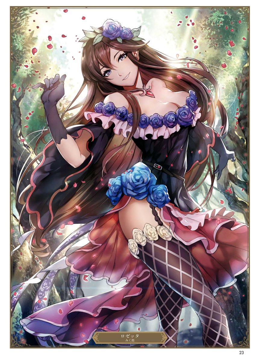 1girl artist_name black_gloves black_legwear breasts brown_eyes brown_hair card_(medium) character_name cleavage collarbone day dress floating_hair flower forest garter_straps gloves granblue_fantasy hair_between_eyes hair_flower hair_ornament head_tilt highres large_breasts long_hair looking_at_viewer mikubu nature outdoors page_number parted_lips petals purple_flower rosetta_(granblue_fantasy) smile solo standing sunlight thigh-highs very_long_hair