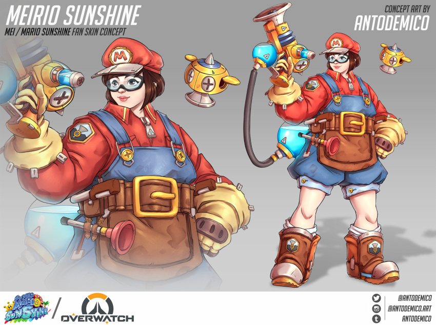 1girl absurdres antonio_demico brown_eyes brown_hair commentary concept_art cosplay crossover english_commentary f.l.u.d.d. full_body goggles gun handgun highres holding holding_weapon lips mario mario_(cosplay) super_mario_bros. mei_(overwatch) overalls overwatch short_hair snowball_(overwatch) solo super_mario_sunshine weapon