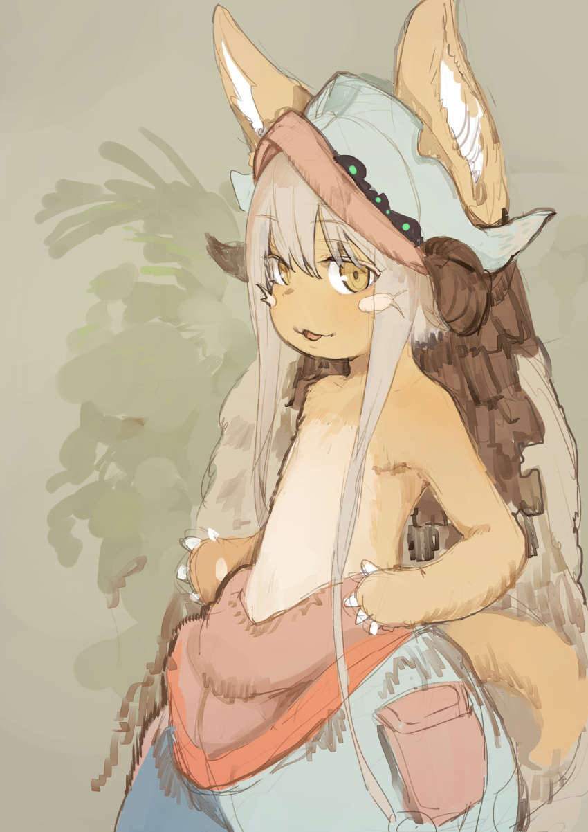 1other commentary_request ears_through_headwear eyebrows_visible_through_hair furry grey_hair hat highres hiranko horns looking_at_viewer made_in_abyss nanachi_(made_in_abyss) pants parted_lips pouch smile solo standing tail topless whiskers yellow_eyes