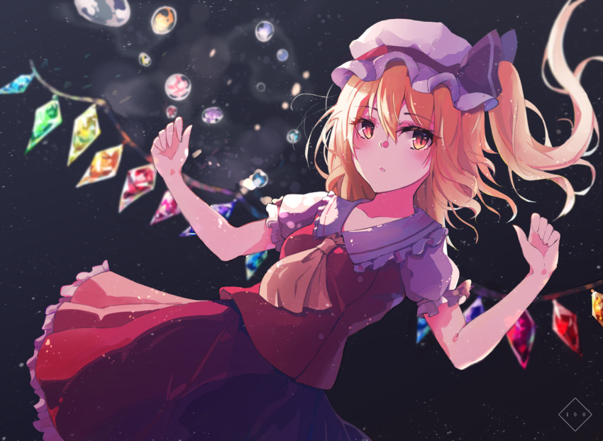 1girl :o ascot bangs black_background blush crystal dutch_angle eyebrows_visible_through_hair flandre_scarlet frilled_shirt_collar frilled_skirt frilled_sleeves frills hands_up hat hat_ribbon hyakunin_momoko long_hair looking_at_viewer looking_back marble medium_skirt mob_cap one_side_up open_mouth orange_neckwear puffy_short_sleeves puffy_sleeves purple_ribbon red_eyes red_shirt red_skirt ribbon shirt short_sleeves skirt solo touhou w_arms white_hat wings