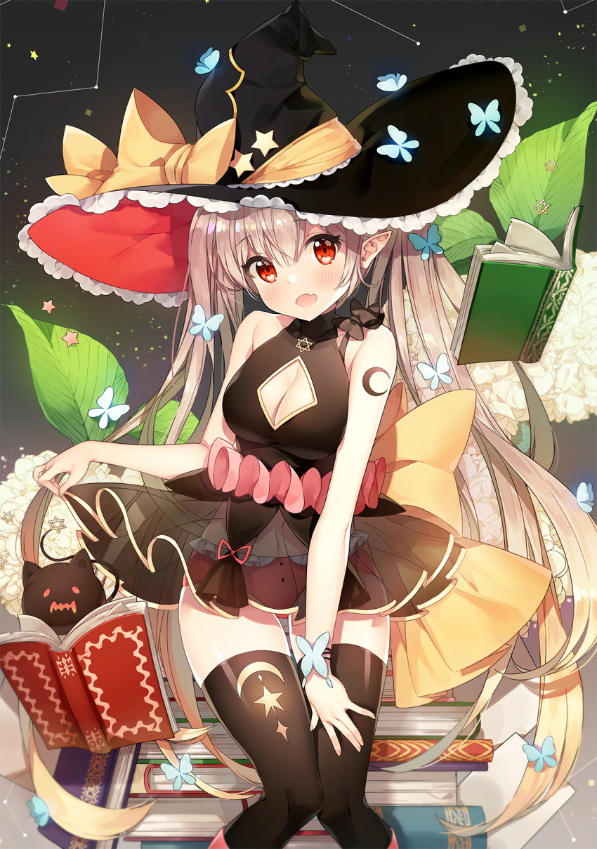 1girl :d ayami bangs black_legwear black_skirt blush book_stack breasts cleavage crescent eyebrows_visible_through_hair fang grey_hair hat hexagram highres long_hair looking_at_viewer medium_breasts open_mouth original pointy_ears red_eyes see-through shiny shiny_hair shorts sitting skirt smile solo thigh-highs twintails very_long_hair witch witch_hat