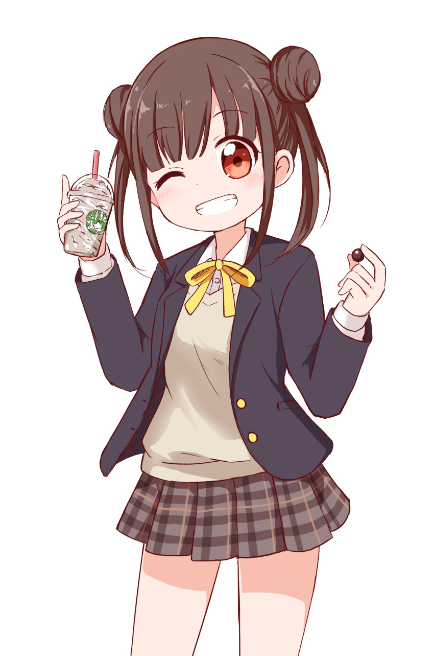 1girl bangs blazer brown_hair chocolate commentary_request cowboy_shot cup disposable_cup double_bun drinking_straw frappuccino grin highres holding holding_chocolate holding_cup idolmaster idolmaster_shiny_colors jacket long_sleeves looking_at_viewer miniskirt miyamaki neck_ribbon one_eye_closed plaid plaid_skirt red_eyes ribbon school_uniform sidelocks simple_background skirt smile solo sonoda_chiyoko starbucks twintails white_background yellow_neckwear