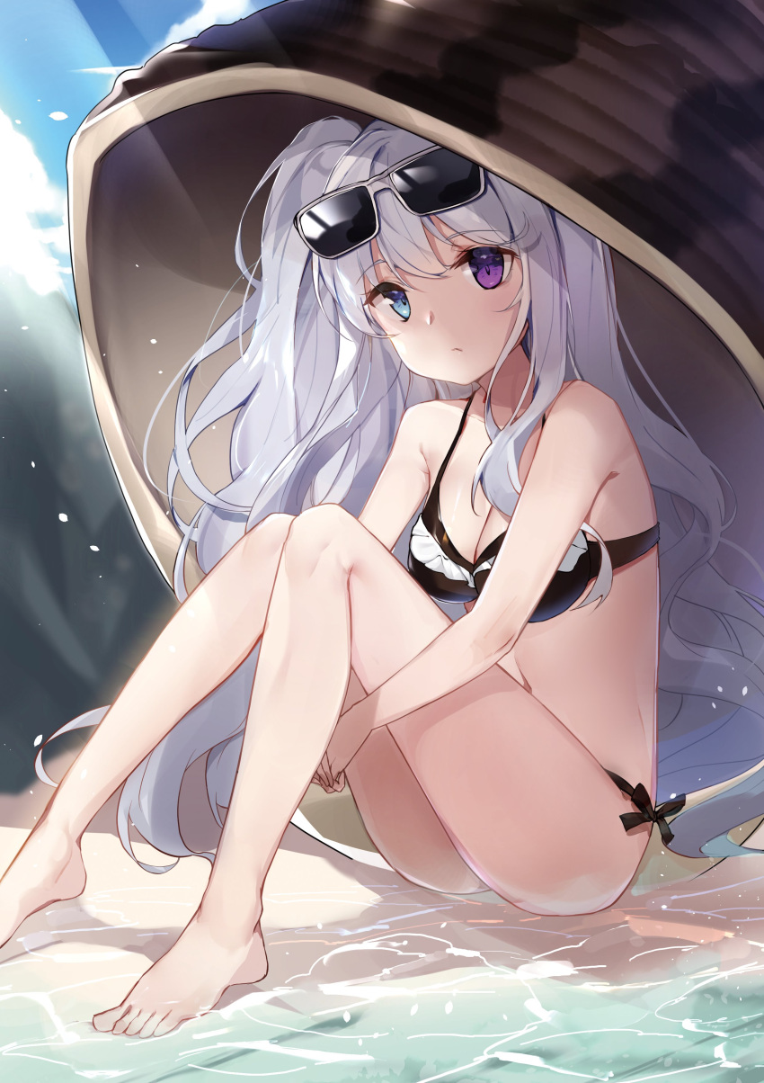 1girl absurdres bada_(jksh5056) barefoot bikini black_bikini blue_eyes breasts cleavage collarbone day eyebrows_visible_through_hair eyewear_on_head floating_hair heterochromia highres long_hair medium_breasts original outdoors silver_hair sitting solo sunglasses sunlight swimsuit twintails very_long_hair violet_eyes water