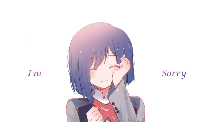 1girl absurdres blue_hair blurry blush closed_eyes commentary_request crying darling_in_the_franxx depth_of_field english hair_ornament highres ichigo_(darling_in_the_franxx) sad short_hair simple_background solo tears text white_background