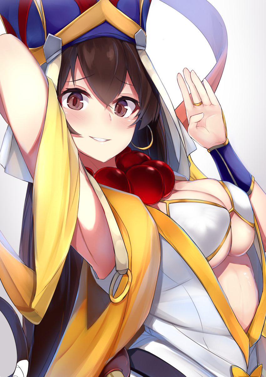 1girl absurdres arm_up armpits bead_necklace beads belt bikini blush breasts bridal_gauntlets brown_eyes brown_hair cleavage earrings eyebrows_visible_through_hair fate/grand_order fate_(series) gourd hair_between_eyes hat headdress highres hoop_earrings japanese_clothes jewelry kimono large_breasts long_hair looking_at_viewer nanakaku necklace prayer_beads sash short_kimono simple_background sleeveless sleeveless_kimono smile solo swimsuit vest white_background white_bikini white_kimono xuanzang_(fate/grand_order) yellow_vest