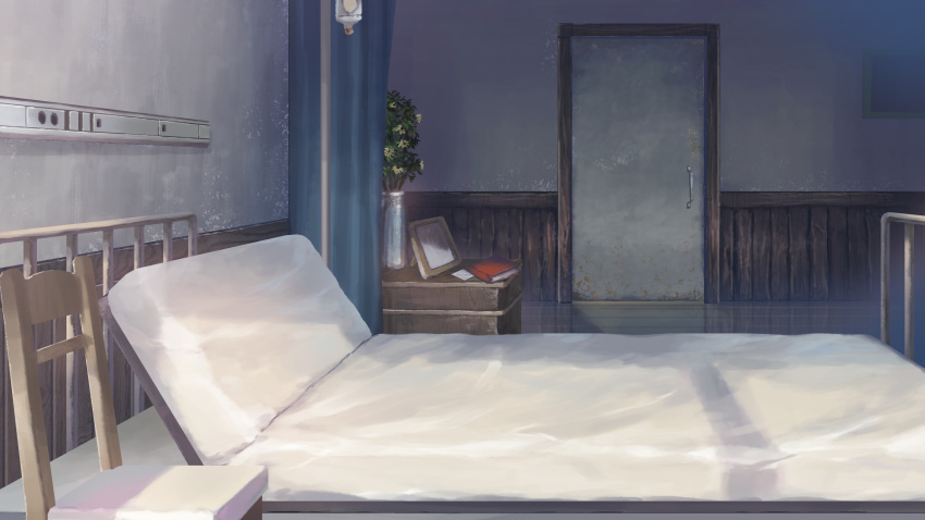 bed book chair day door flower highres hospital_bed indoors intravenous_drip no_humans original plant potted_plant scenery yumiru