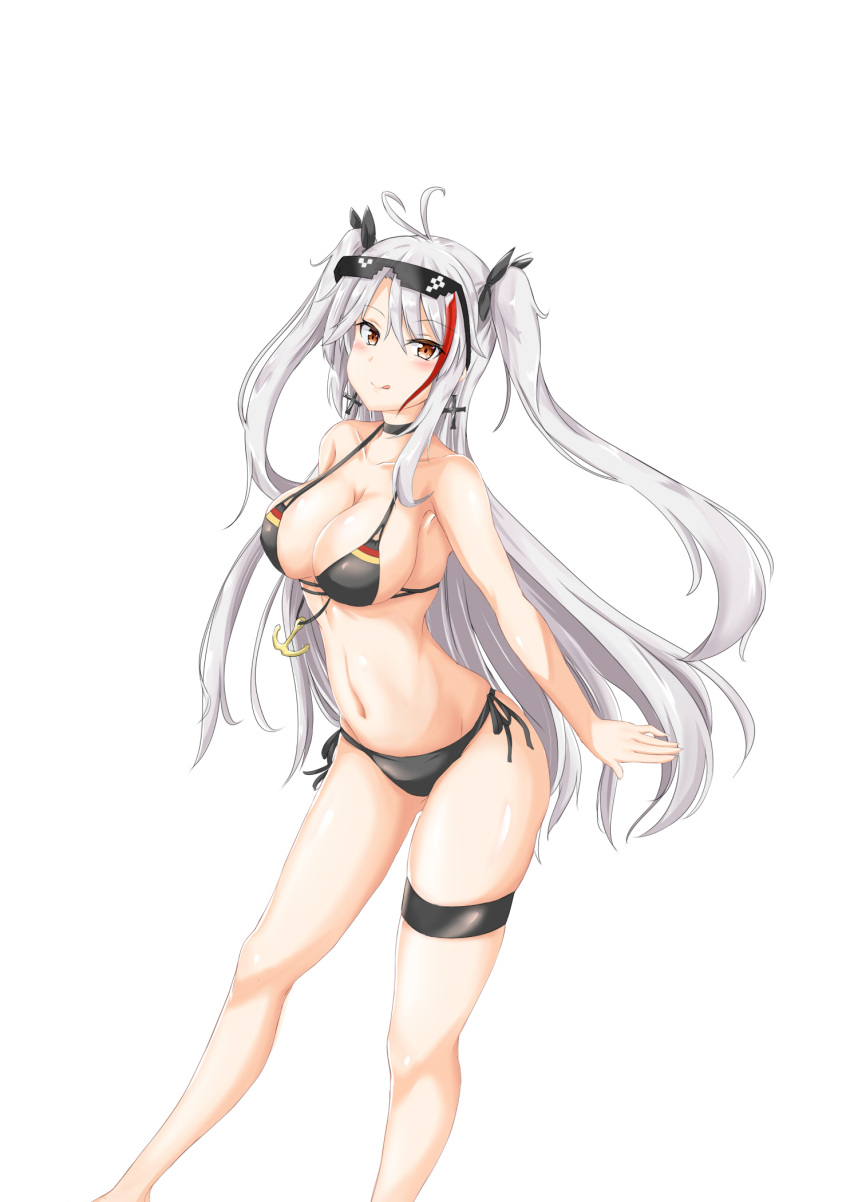 1girl :q ainna_(kekai) alternate_costume anchor_symbol antenna_hair arm_up armpits ass azur_lane bangs bare_arms bare_shoulders bikini black_bikini black_choker blush breasts brown_eyes choker cleavage closed_mouth collarbone cowboy_shot cross cross_earrings curvy deal_with_it earrings eyebrows_visible_through_hair eyes_visible_through_hair eyewear_on_head flag_print german_flag_bikini hair_between_eyes head_tilt highres iron_cross jewelry large_breasts leaning_forward long_hair looking_at_viewer mole mole_on_breast multicolored_hair navel prinz_eugen_(azur_lane) redhead shiny shiny_skin side-tie_bikini signature silver_hair simple_background skindentation smile solo standing stomach streaked_hair sunglasses swimsuit thigh_strap thighs tongue tongue_out two_side_up very_long_hair white_background