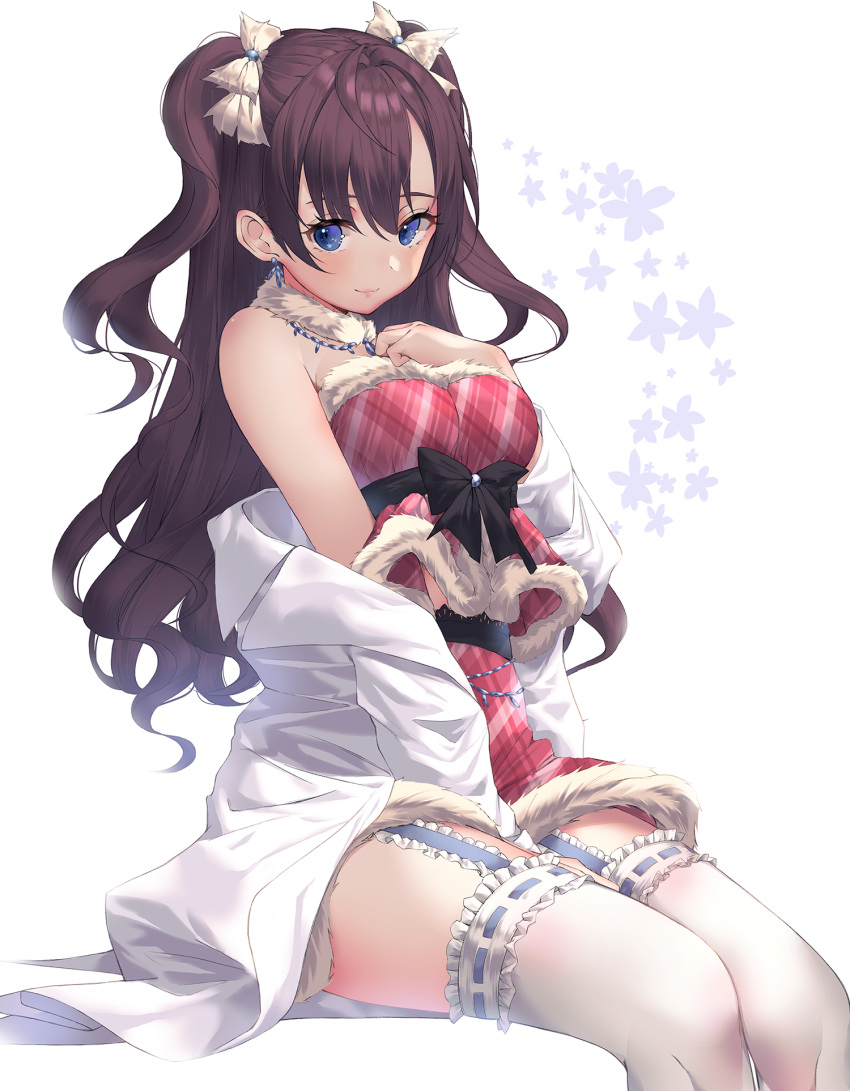 1girl :3 bare_shoulders black_bow blue_eyes blush bow breasts brown_hair dress earrings frills fur_collar fur_trim garter_straps highres ichinose_shiki idolmaster idolmaster_cinderella_girls idolmaster_cinderella_girls_starlight_stage jewelry kinty labcoat lace lace-trimmed_thighhighs long_hair looking_at_viewer medium_breasts necklace off_shoulder plaid plaid_dress red_dress sash shirt short_dress simple_background sitting smile solo thigh-highs wavy_hair white_background white_legwear white_shirt