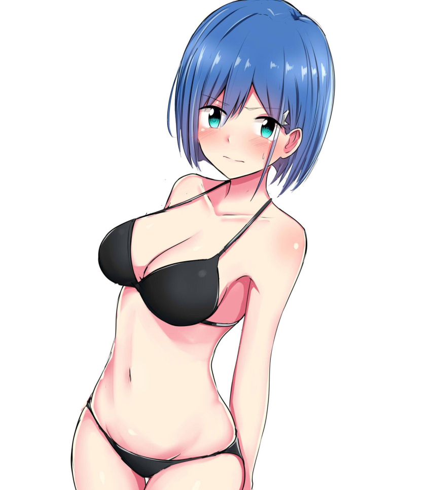 1girl aqua_eyes arms_behind_back bangs bare_arms bare_shoulders baretto_(karasi07) blue_hair blush body_blush breasts cleavage closed_mouth collarbone cowboy_shot darling_in_the_franxx dutch_angle eyebrows_visible_through_hair groin hair_ornament hairclip highres ichigo_(darling_in_the_franxx) medium_breasts navel shiny shiny_hair short_hair simple_background solo standing stomach string_bikini thigh_gap white_background