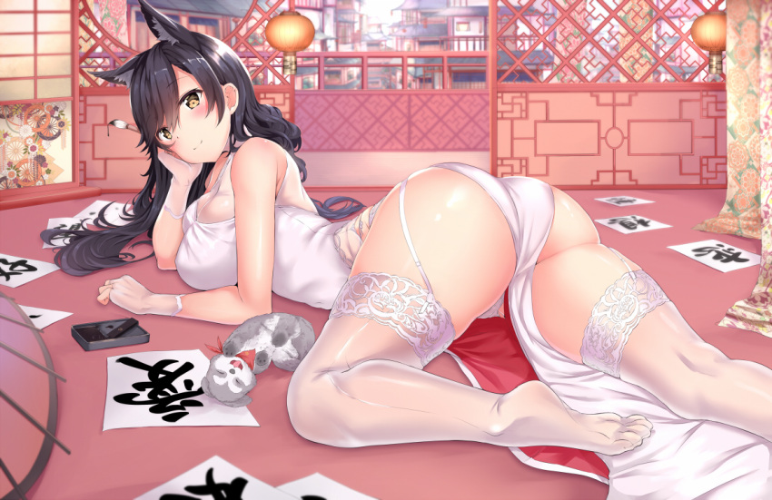 1girl animal animal_ears architecture arm_support ass atago_(azur_lane) azur_lane bare_arms bare_shoulders black_hair blush breasts brown_eyes calligraphy calligraphy_brush china_dress chinese_clothes closed_mouth dog dress east_asian_architecture feet fingerless_gloves gloves head_rest indoors lace lace-trimmed_thighhighs large_breasts long_hair looking_at_viewer lying no_shoes on_stomach paintbrush panties shiny shiny_hair smile solo thigh-highs underwear white_dress white_gloves white_legwear white_panties yukishiro_arute