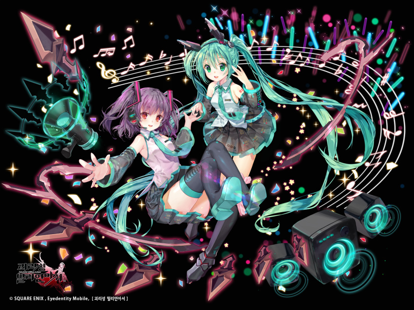 2girls absurdly_long_hair bent_elbows bent_knees boots cosplay detached_sleeves full_body green_eyes green_hair hatsune_miku hatsune_miku_(cosplay) headset kai-ri-sei_million_arthur long_hair megaphone mintchoco_(orange_shabette) multiple_girls musical_note necktie purple_hair red_eyes skirt speaker thigh-highs thigh_boots twintails very_long_hair vocaloid