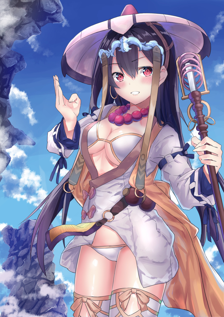 1girl absurdres bangs bead_necklace beads belt bikini blue_sky blush breasts brown_hair cleavage earrings fate/grand_order fate_(series) gourd hair_between_eyes headpiece highres hips hoop_earrings ichimegasa japanese_clothes jewelry kimono large_breasts long_hair looking_at_viewer muragaki_(sgxx4878) necklace prayer_beads red_eyes short_kimono sky smile solo staff swimsuit thighs vest white_bikini white_kimono white_legwear xuanzang_(fate/grand_order) yellow_vest