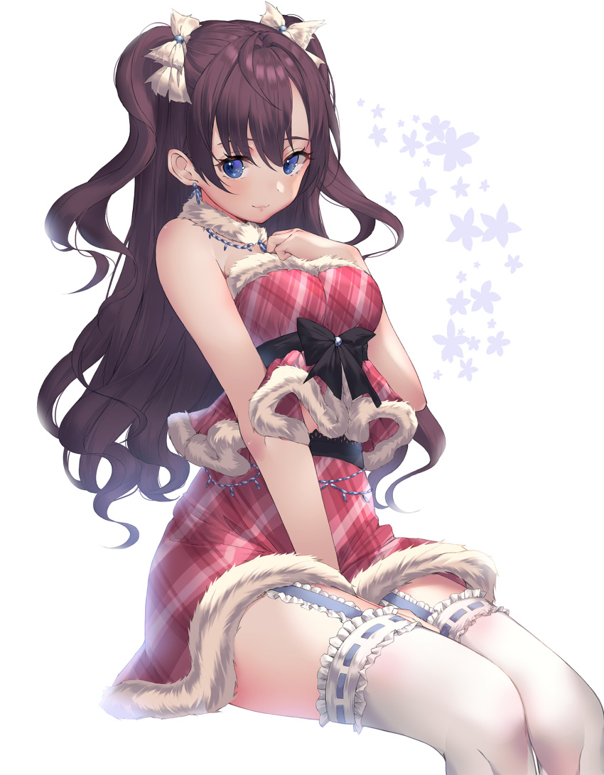1girl :3 bare_shoulders black_bow blue_eyes blush bow breasts brown_hair dress earrings frills fur_collar fur_trim garter_straps highres ichinose_shiki idolmaster idolmaster_cinderella_girls idolmaster_cinderella_girls_starlight_stage jewelry kinty labcoat lace lace-trimmed_thighhighs long_hair looking_at_viewer medium_breasts necklace plaid plaid_dress red_dress sash short_dress simple_background sitting smile solo thigh-highs wavy_hair white_background white_legwear