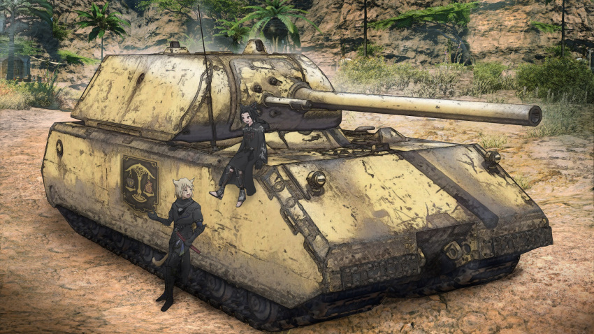 animal_ears artist_request cat_ears cat_tail final_fantasy final_fantasy_xiv ground_vehicle highres military military_vehicle miqo'te motor_vehicle panzerkampfwagen_viii_maus tail tank tree