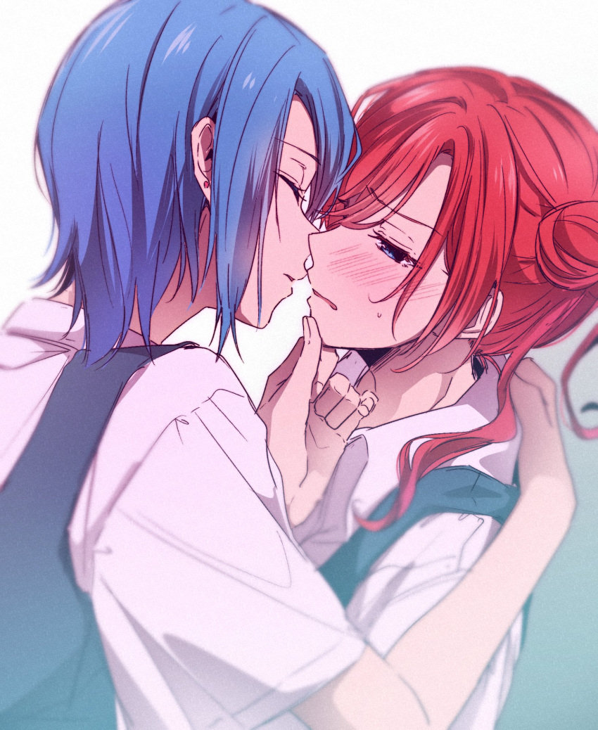 2girls blue_eyes blue_hair blush closed_eyes collared_shirt color_dolce commentary dress earrings facing_another furrowed_brow grey_dress hand_on_another's_back hand_on_another's_chin hashtag_only_commentary highres imminent_kiss jewelry looking_at_another love_live! love_live!_superstar!! medium_hair multiple_girls noses_touching parted_lips redhead school_uniform shirt short_hair short_sleeves sidelocks summer_uniform sweat upper_body wakana_shiki white_shirt yoneme_mei yuigaoka_school_uniform yuri