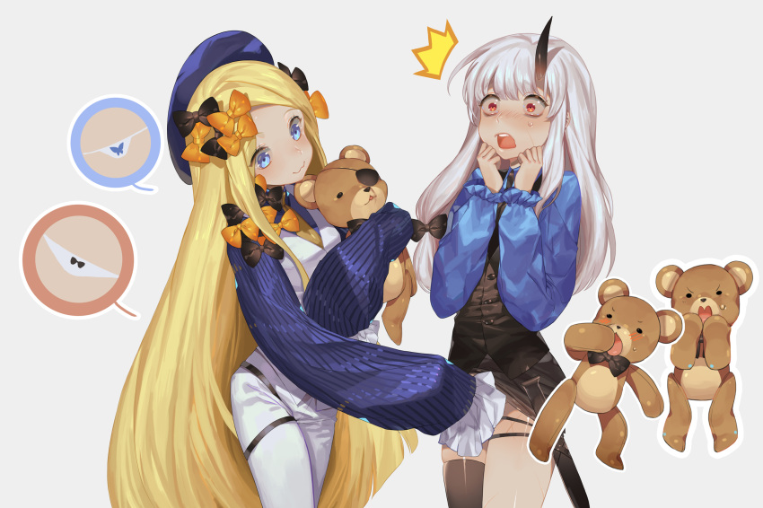 /\/\/\ 2girls :3 abigail_williams_(fate/grand_order) alternate_costume animal_print asymmetrical_legwear bangs beret black_bow black_skirt black_vest blonde_hair blue_eyes blue_hat blue_shirt blush bow bow_panties butterfly_print closed_mouth eyepatch fate/grand_order fate_(series) grey_background hair_bow hands_up hat head_tilt highres horn joenny lavinia_whateley_(fate/grand_order) long_hair long_sleeves multiple_girls object_hug open_mouth orange_bow outline panties pants parted_bangs pencil_skirt print_panties red_eyes shirt silver_hair single_thighhigh skirt sleeves_past_fingers sleeves_past_wrists spoken_object spoken_panties striped striped_shirt stuffed_animal stuffed_toy teddy_bear thigh-highs underwear upper_teeth vertical-striped_shirt vertical_stripes very_long_hair vest white_outline white_panties white_pants white_vest wide-eyed