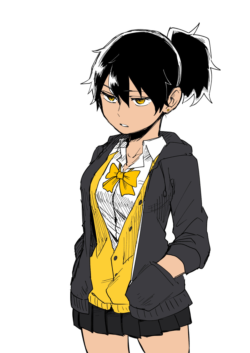 1girl absurdres black_hair blazer bow dress earrings highres jacket jewelry kurobe_natsumi_(shiromanta) medium_hair original ponytail school_uniform shiromanta short_dress vest yellow_eyes younger