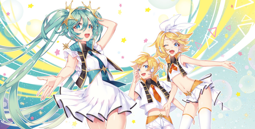1boy 2girls :d abstract_background ahoge aqua_eyes aqua_hair aqua_neckwear arm_behind_head arm_up bangs bare_legs bare_shoulders black_vest blonde_hair blue_eyes blush breasts colored_eyelashes contrapposto cowboy_shot crop_top cropped_vest dress earrings frilled_vest frills hair_ornament hair_ribbon hairclip hatsune_miku headset highres jewelry kagamine_len kagamine_rin kina_(446964) lens_flare long_hair looking_at_viewer midriff miniskirt multiple_girls navel necktie open_mouth orange_neckwear reaching_out ribbon shiny shiny_hair shirt short_hair short_ponytail short_sleeves shorts skirt small_breasts smile sparkle standing star stomach swept_bangs thigh-highs thigh_gap triangle twintails very_long_hair vest vocaloid white_dress white_legwear white_ribbon white_shirt white_shorts white_skirt zettai_ryouiki