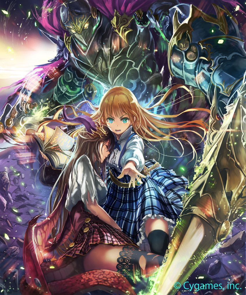 2girls absurdres armor black_legwear blonde_hair blue_eyes blue_skirt book dragon_girl dragon_tail dragon_wings dress_shirt floating_hair frilled_skirt frills full_armor glowing glowing_eyes high-waist_skirt highres holding holding_weapon horns igarashi_youhei long_hair looking_at_viewer multiple_girls open_book open_mouth outstretched_arms red_skirt red_wings shingeki_no_bahamut shirt skirt tail tears thigh-highs torn_clothes torn_shirt torn_thighhighs very_long_hair weapon white_shirt wings yellow_eyes