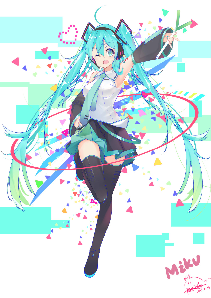 1girl absurdres artist_name black_footwear black_skirt blue_eyes blue_hair blue_nails blue_neckwear blush boots breasts character_name dated detached_sleeves eyebrows_visible_through_hair food green_hair hatsune_miku headset highres holding holding_food large_breasts long_hair looking_at_viewer multicolored_hair nail_polish necktie one_eye_closed open_mouth peng_yong signature skirt smile solo spring_onion thigh-highs thigh_boots tie_clip twintails two-tone_hair very_long_hair vocaloid