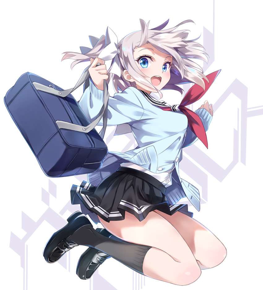 1girl :d bag bangs black_footwear black_legwear black_skirt blue_cardigan blue_eyes blush bow cardigan character_request commentary_request full_body hair_bow hayakawa_harui highres holding holding_bag kneehighs loafers long_sleeves looking_at_viewer looking_to_the_side neckerchief open_mouth pleated_skirt red_neckwear sailor_collar school_bag school_uniform serafuku shirt shoes silver_hair skirt sleeves_past_wrists smile solo two_side_up upper_teeth valkyrie_impulse white_background white_bow white_sailor_collar white_shirt