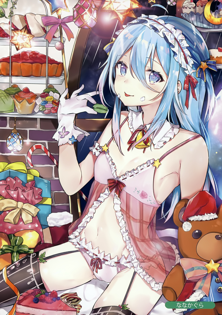 1girl absurdres artist_name black_legwear blue_eyes blue_hair breasts choker cleavage cream cream_on_face eyebrows_visible_through_hair food food_on_face garter_straps gloves hair_between_eyes hat headdress highres holding indoors lingerie long_hair looking_at_viewer midriff nanakagura navel negligee original panties red_hat red_ribbon ribbon ribbon-trimmed_panties santa_hat sitting small_breasts smile solo stomach striped striped_legwear stuffed_animal stuffed_toy teddy_bear thigh-highs tongue tongue_out underwear underwear_only vertical-striped_legwear vertical_stripes white_gloves white_panties