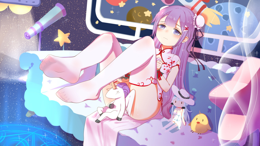 1girl azur_lane bangs bird black_bow blush bow breasts bun_cover character_doll chick china_dress chinese_clothes closed_mouth commentary_request couch double_bun dress eyebrows_visible_through_hair feet heart heart-shaped_pupils highres illustrious_(azur_lane) legs long_hair looking_at_viewer no_shoes on_couch planet purple_hair rocket short_sleeves side_bun small_breasts soles solo star stuffed_animal stuffed_pegasus stuffed_toy stuffed_unicorn symbol-shaped_pupils telescope thigh-highs unicorn_(azur_lane) very_long_hair violet_eyes white_dress white_legwear xiao_shi_lullaby